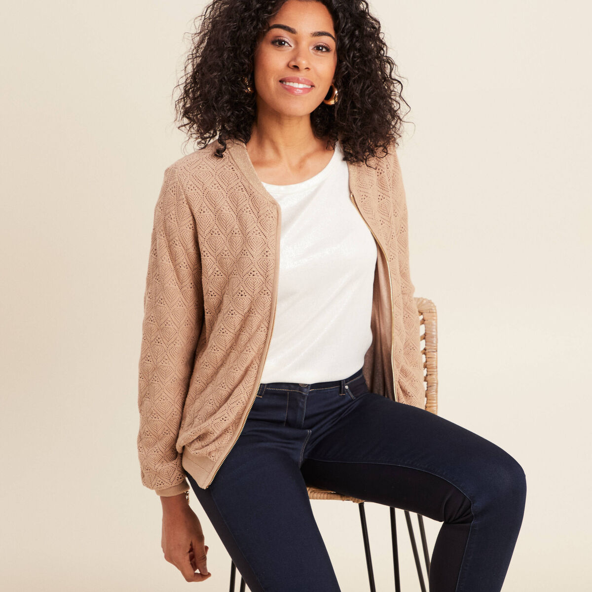 Gilet réversible ajouré sable femme