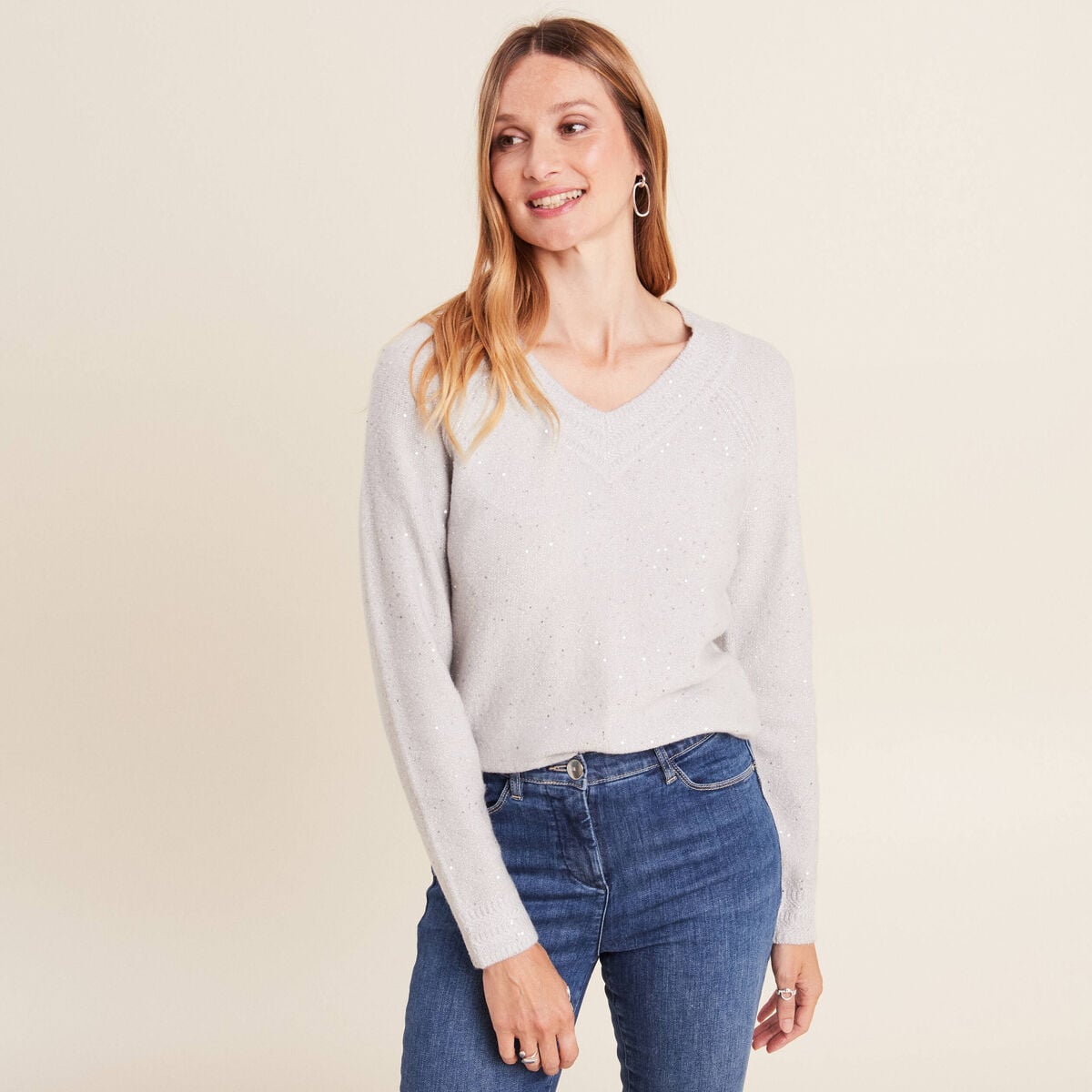 Pull manches longues gris clair femme
