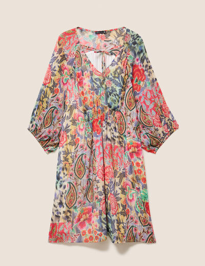 Robe courte &eacute;vas&eacute;e col v manches 3/4 multicolore femme