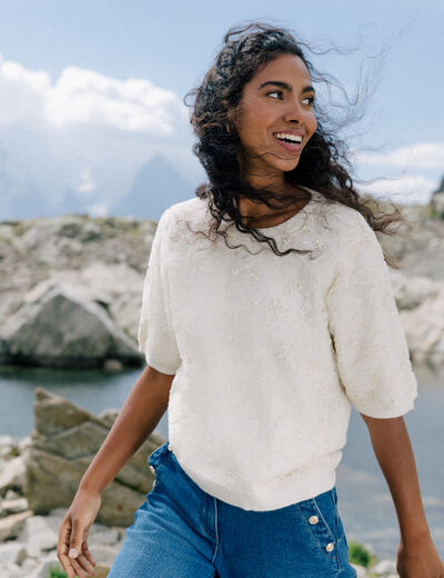 Pull col rond ecru femme