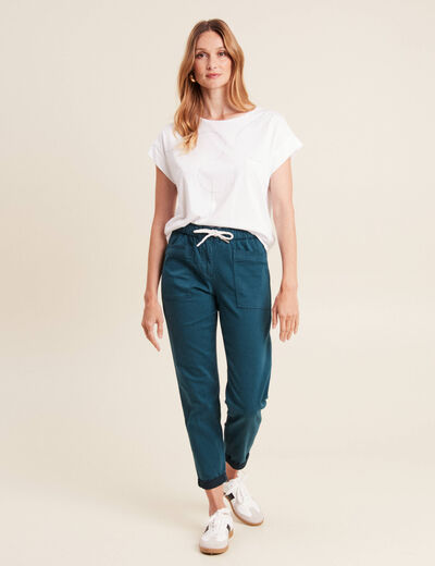 Pantalon coupe droite à coulisse bleu canard femme