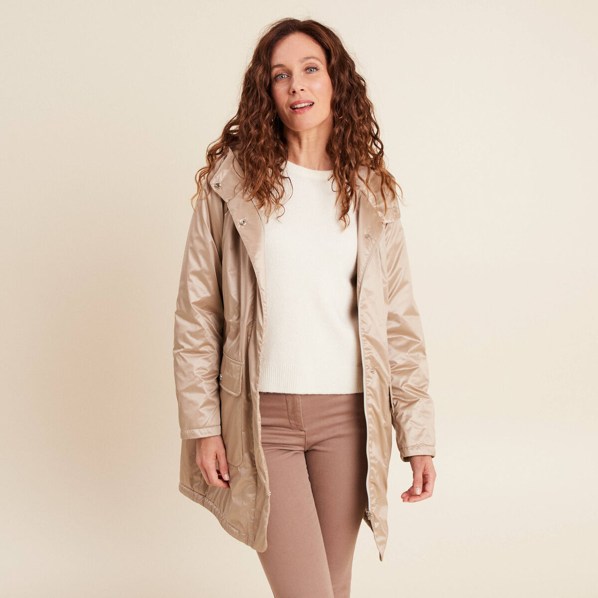 Parka d&eacute;perlante manches longues sable femme