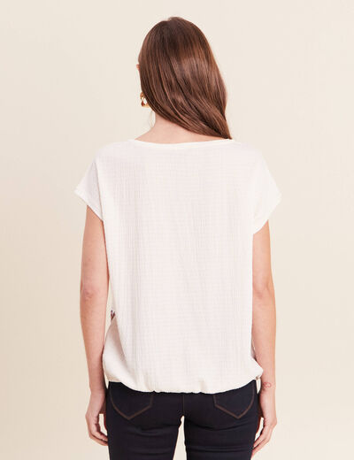 Blouse pliss&eacute;e col rond manches courtes ecru femme