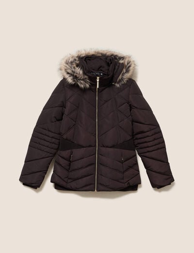 Doudoune cintr&eacute;e capuche manches longues marron fonc&eacute; femme