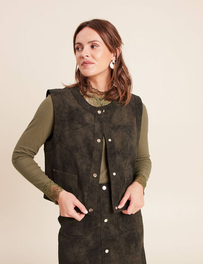 Veste sans manches aspect daim doubl&eacute;e vert kaki femme