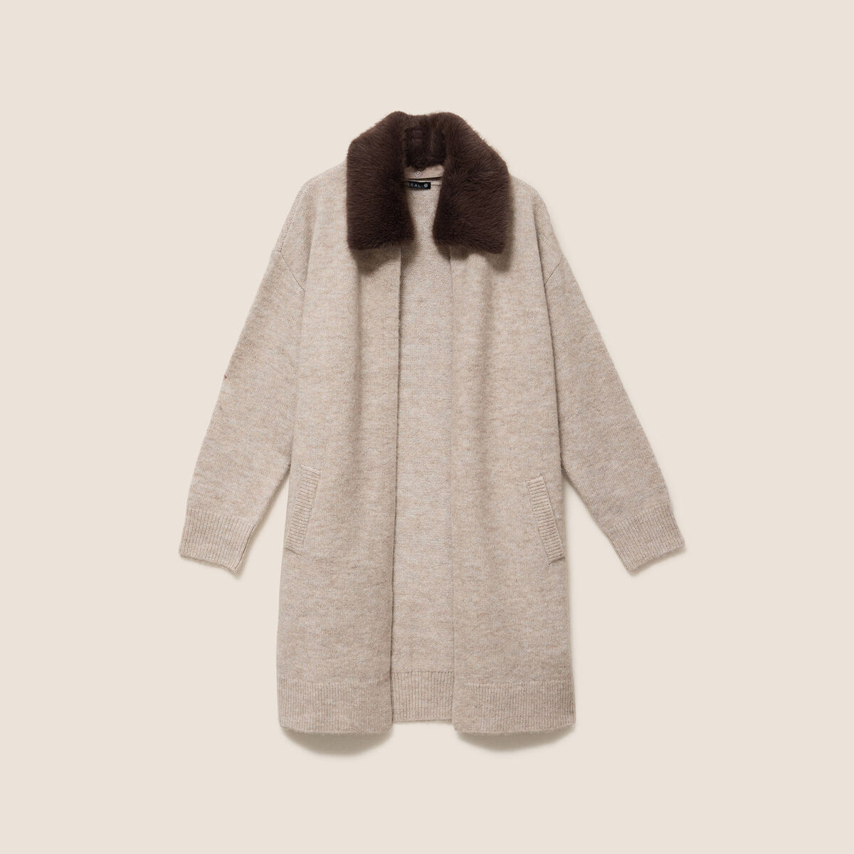 Gilet droit long col chemise beige femme