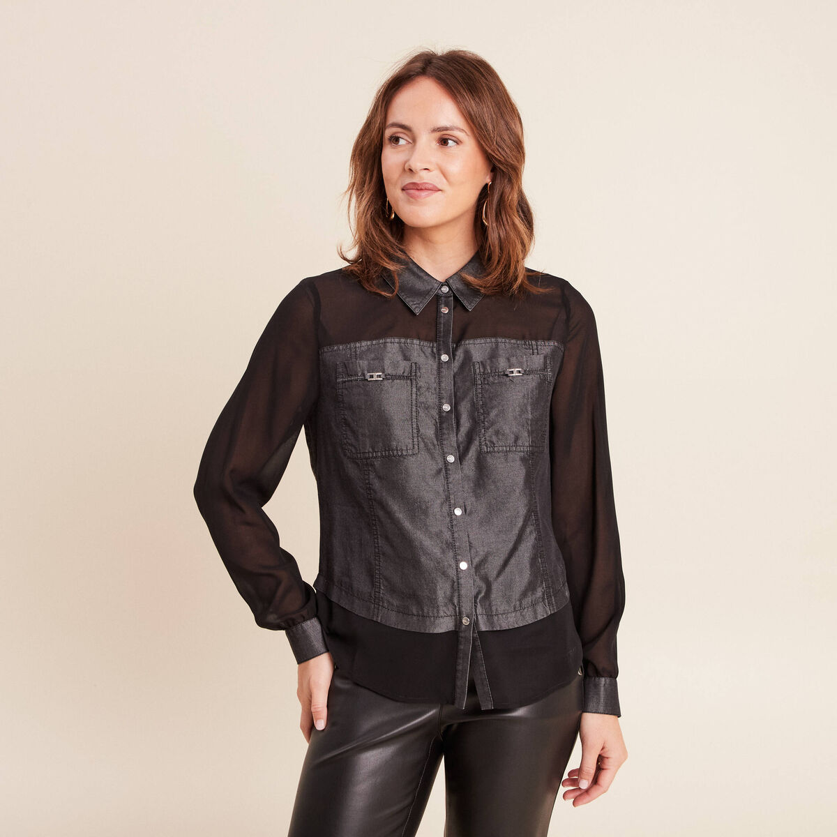 Chemise bi-mati&egrave;re manches longues denim gris femme