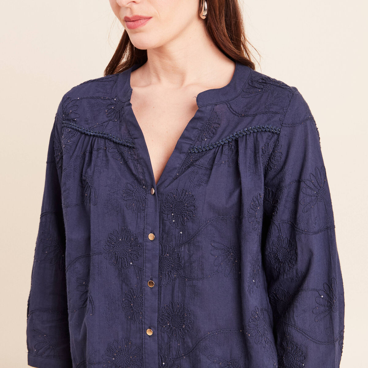 Blouse col tunisien manches 3/4 bleu marine femme