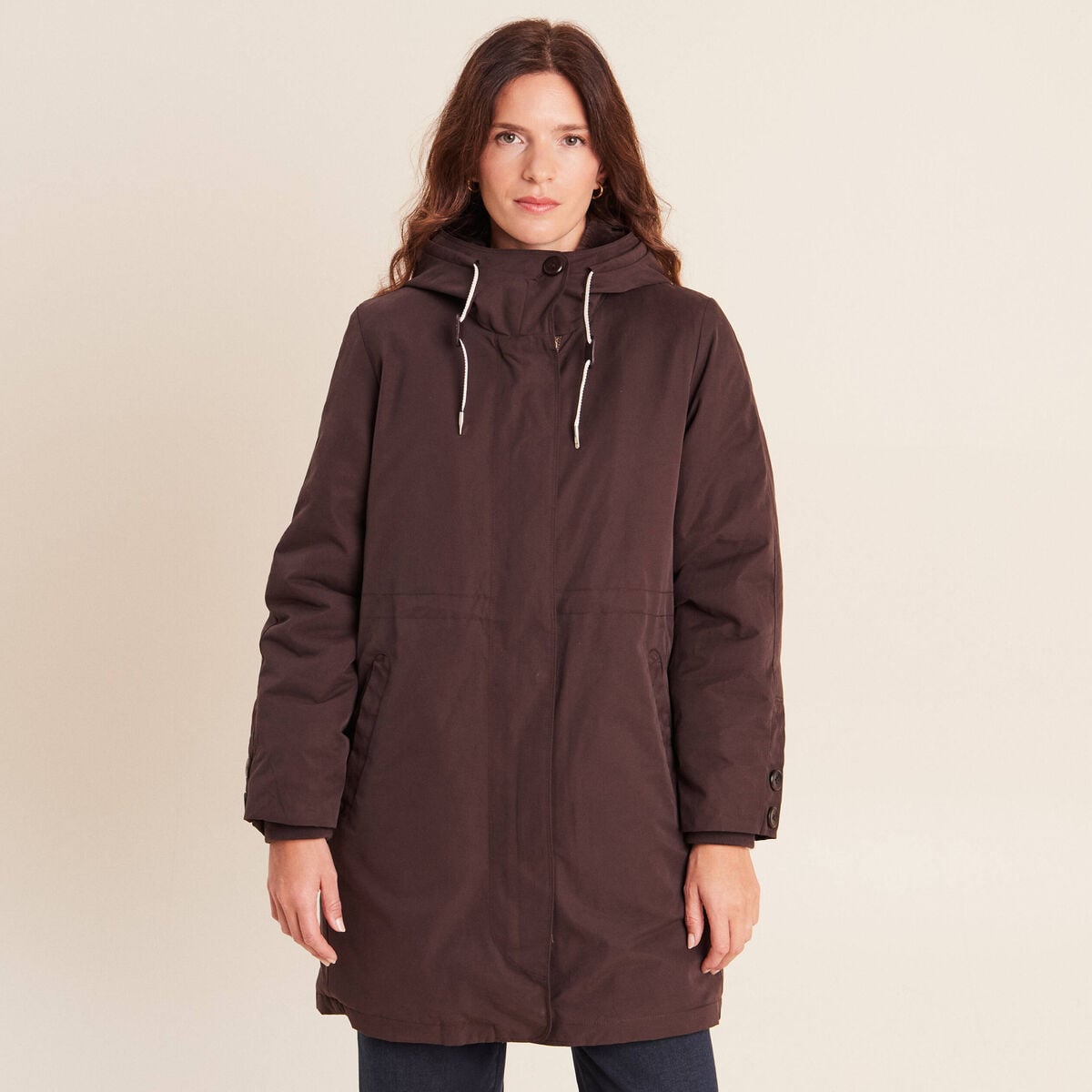 Parka &agrave; capuche taille ajustable marron fonc&eacute; femme