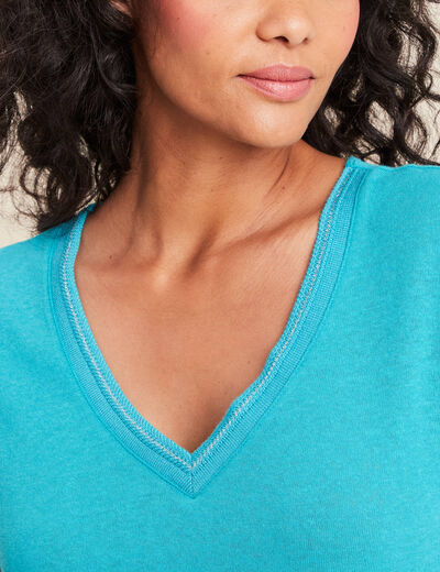 T-shirt manches courtes col en V vert turquoise femme