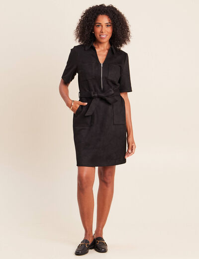 Robe droite courte manches coudes daim noir femme
