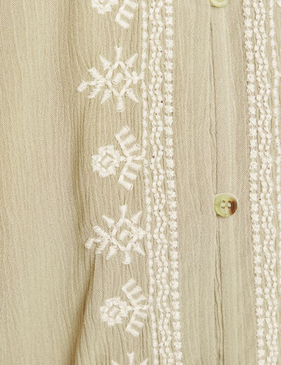 Chemise crêpe broderie col rond vert kaki femme
