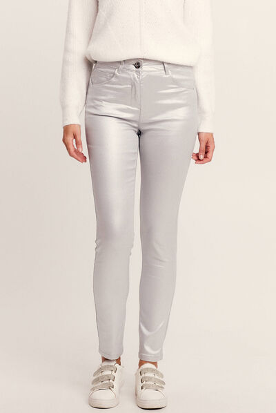 Pantalon ajusté enduit gris argent femme