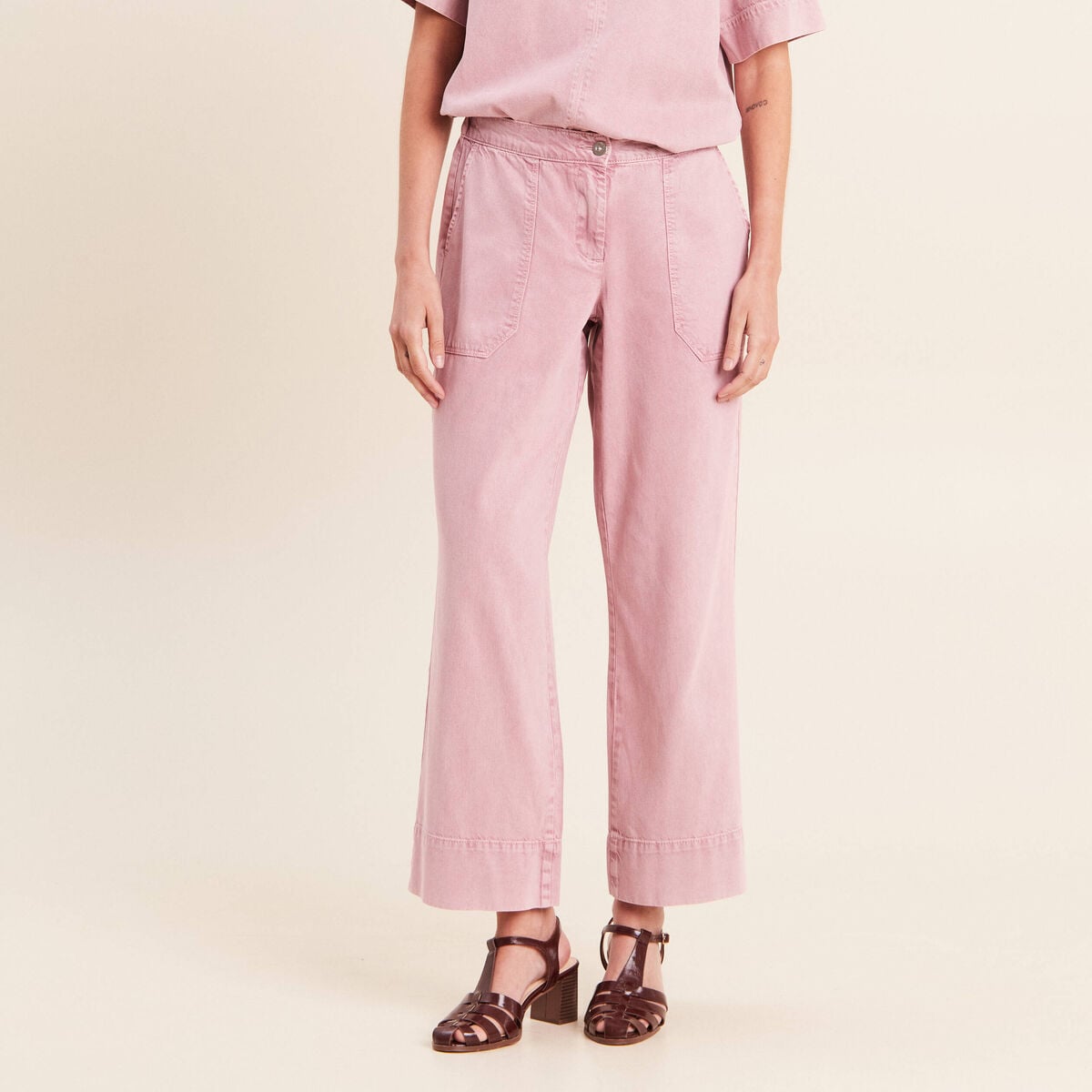 Pantalon large taille haute fluide rose femme
