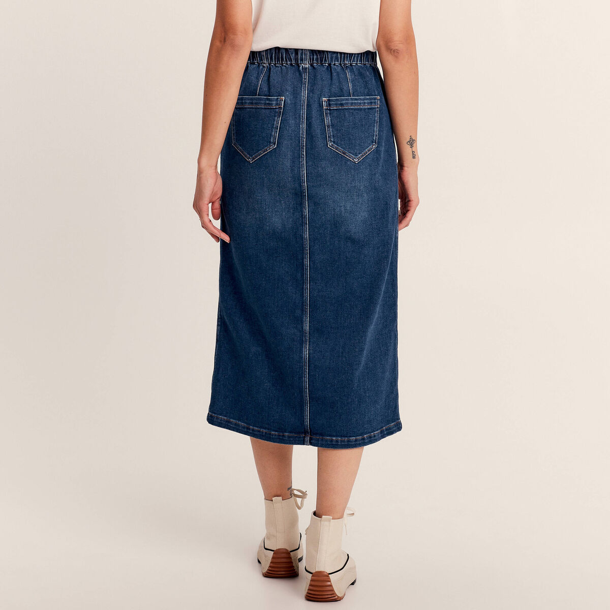 Jupe longue droite en jean denim stone femme