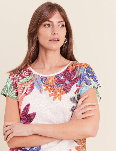 T-shirt droit col rond manches courtes ecru femme