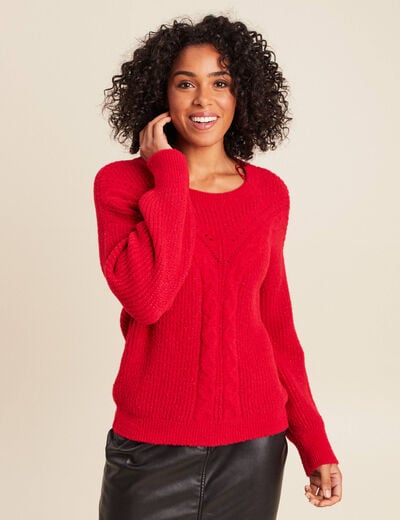Pull col rond manches longues rouge femme