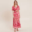 Robe longue évasée satin rose fushia femme