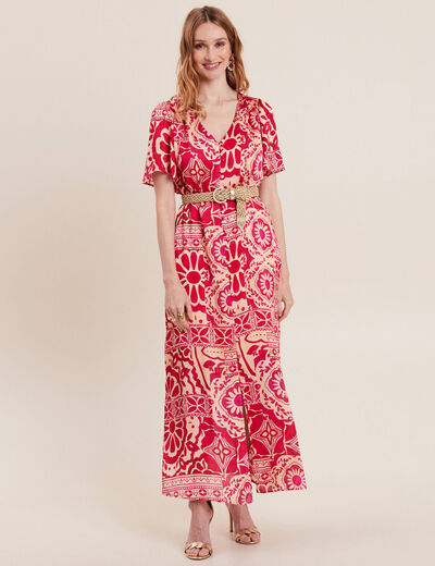 Robe longue évasée satin rose fushia femme
