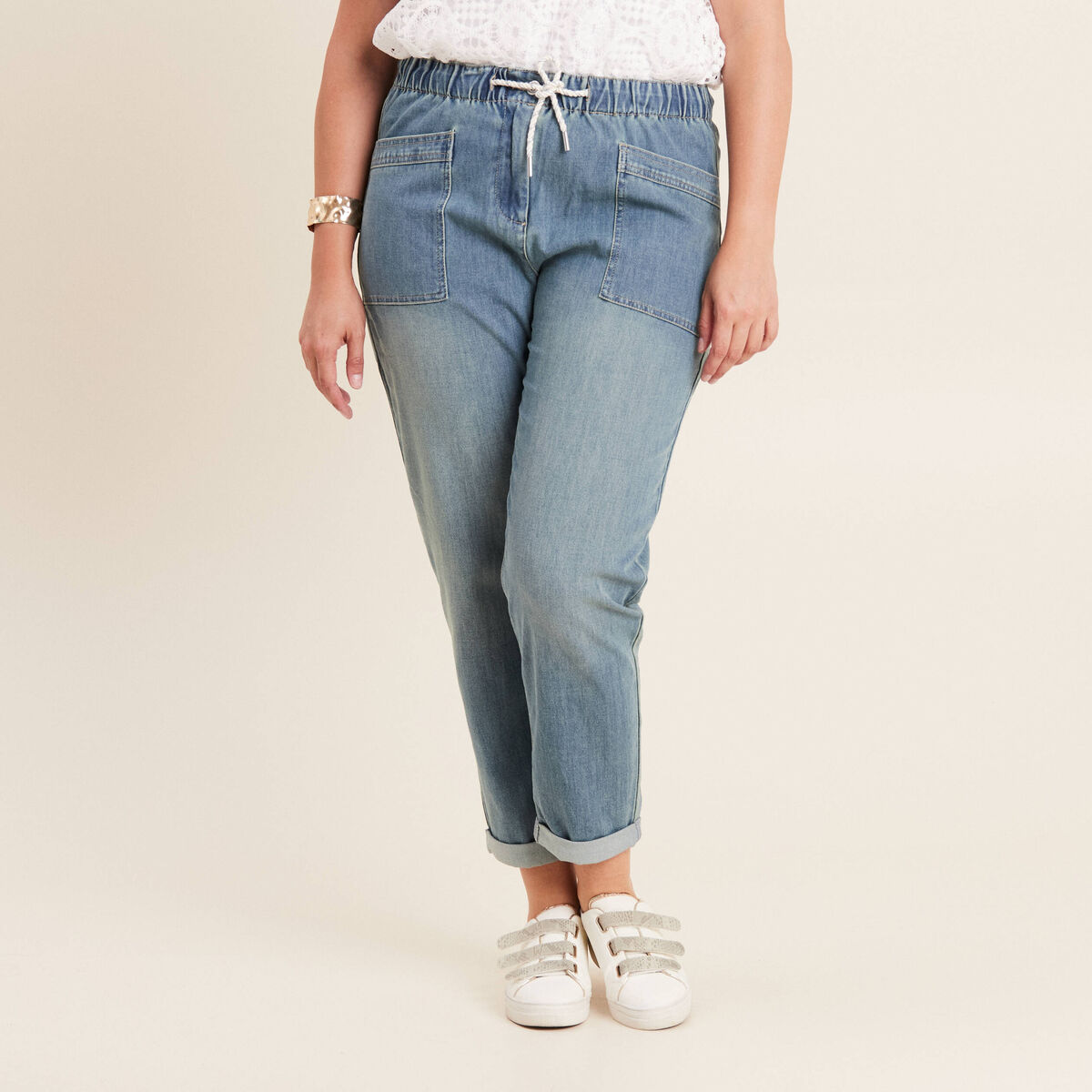Jean coupe mom 7/8&egrave;me denim double stone femme