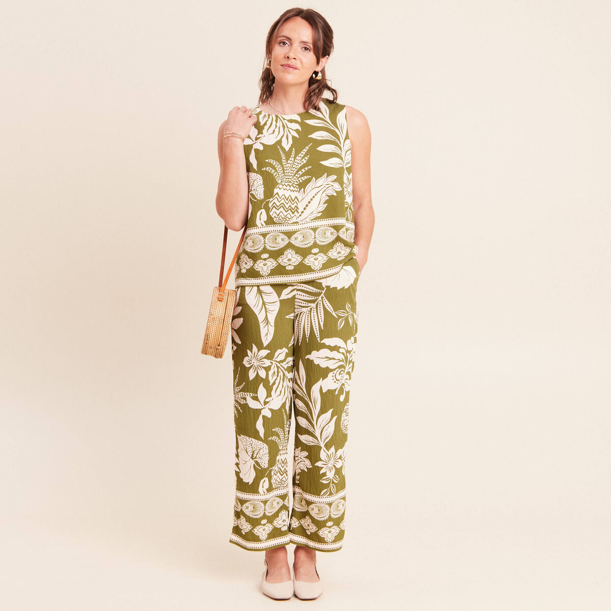 Blouse droite courte sans manches vert kaki femme