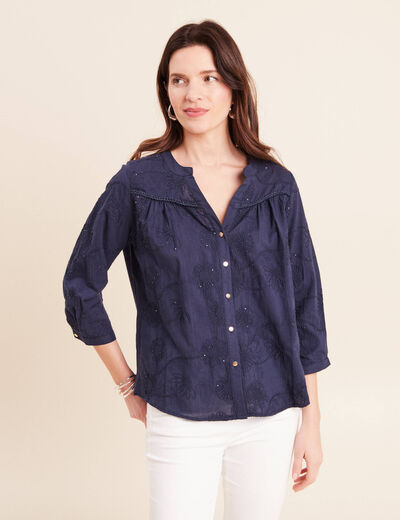 Blouse col tunisien manches 3/4 bleu marine femme