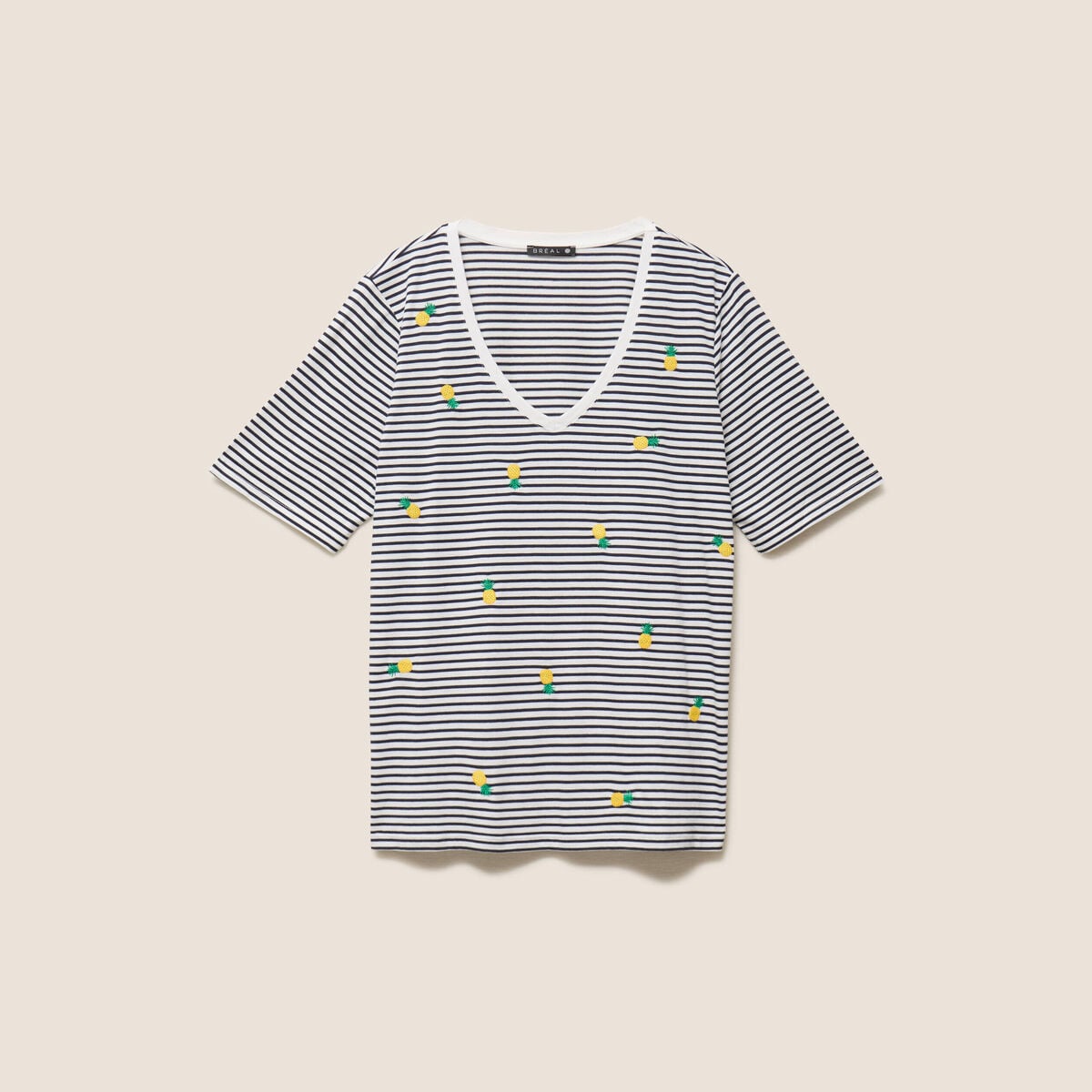T-shirt droit broderie manches courtes bleu femme