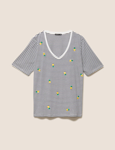 T-shirt droit broderie manches courtes bleu femme