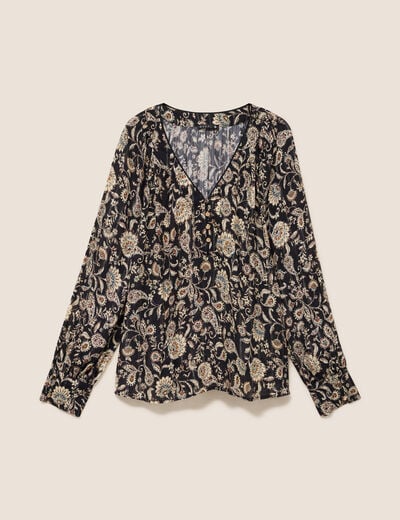 Blouse ample col v manches longues noir femme
