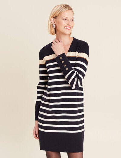 Robe tricot droite col en V bleu foncé femme