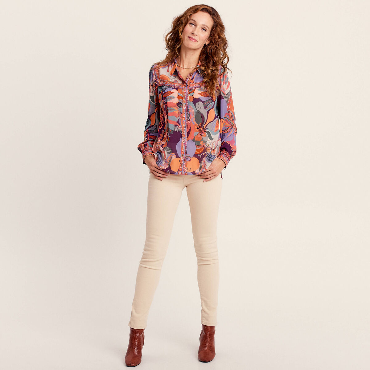 Chemise manches longues fluide orange femme