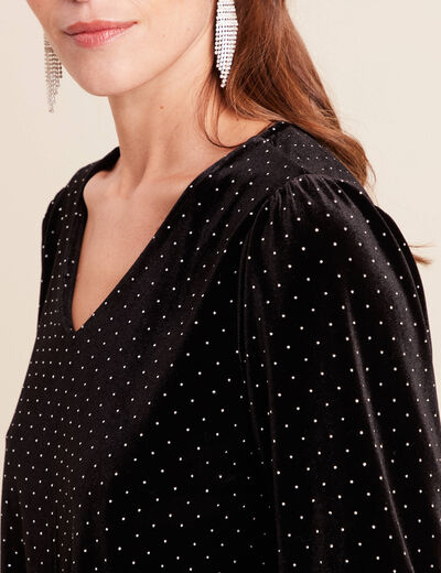 T-shirt velours col v manches 3/4 strass noir femme