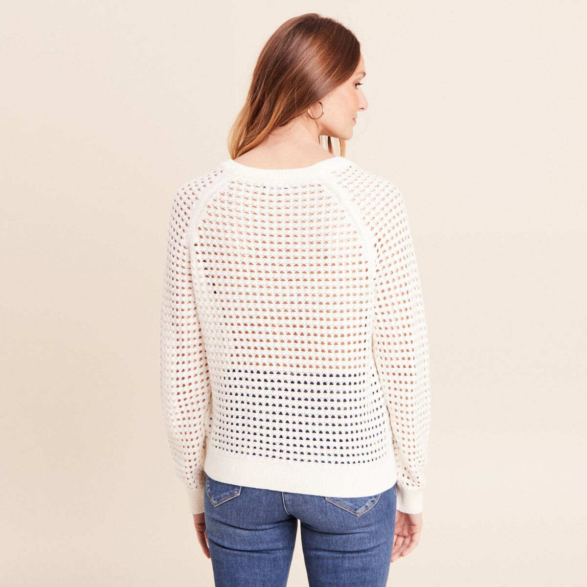 Pull col rond manches longues dentelle ecru femme