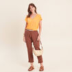 T-shirt col v manches courtes aspect lin orange clair femme