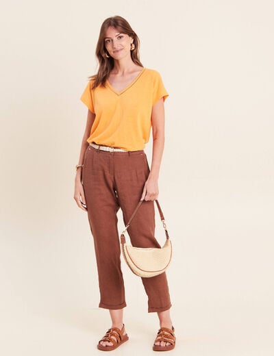 T-shirt col v manches courtes aspect lin orange clair femme