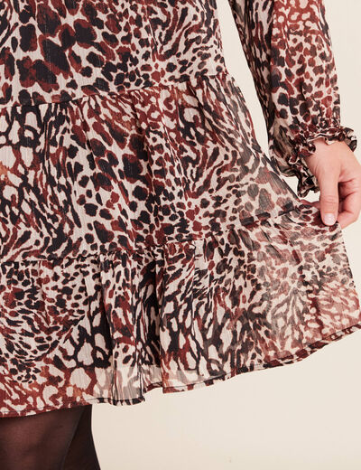 Robe courte &eacute;vas&eacute;e col v manches longues marron femme