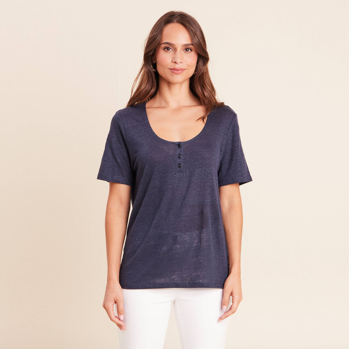 T-shirt droit col rond manches courtes bleu marine femme