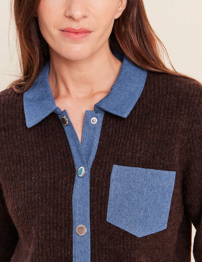 Veste col chemise manches longues marron fonc&eacute; femme