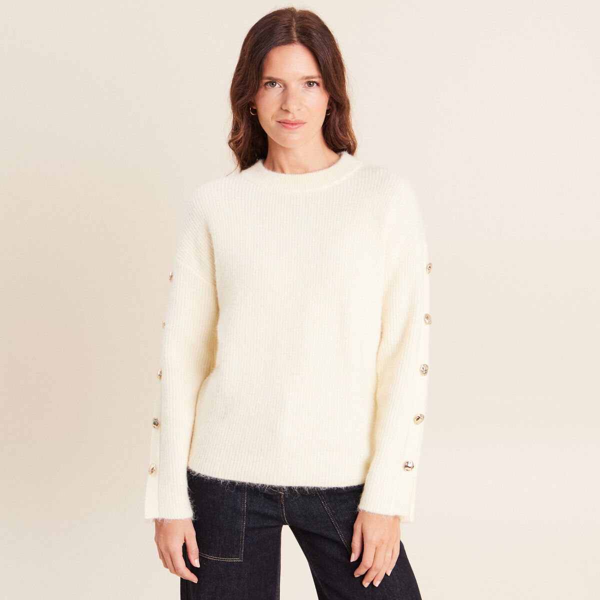 Pull manches boutonn&eacute;es jaune pastel femme
