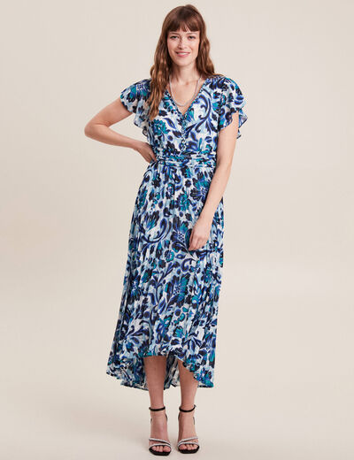 Robe longue droite plissée bleu femme