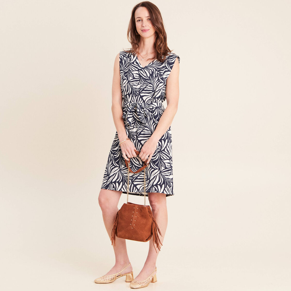 Robe droite courte sans manches col v bleu femme