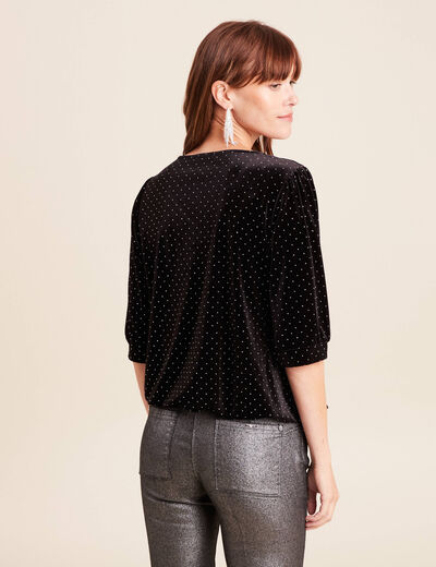 T-shirt velours col v manches 3/4 strass noir femme