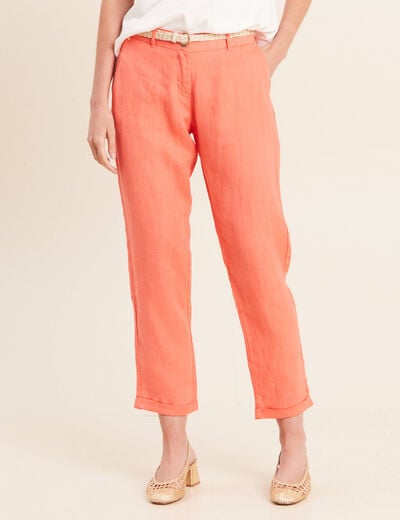 Pantalon coupe chino en lin ceintur&eacute; orange fluo femme