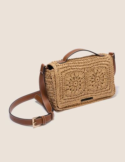 Sac bandouli&egrave;re aspect dentelle doubl&eacute; sable femme