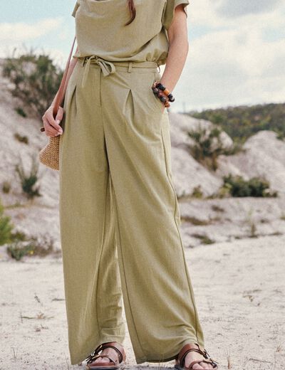 Pantalon fluide taille haute vert olive femme