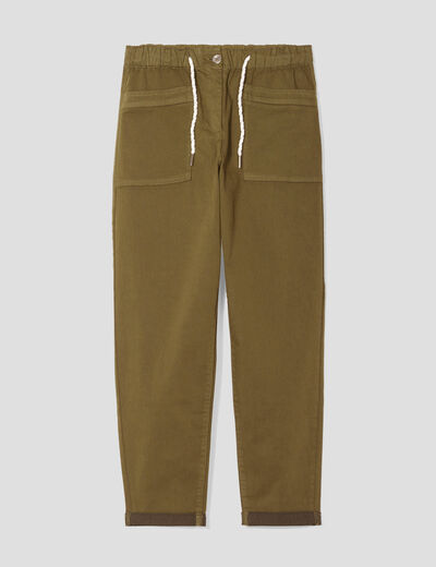 Pantalon coupe droite à coulisse vert olive femme