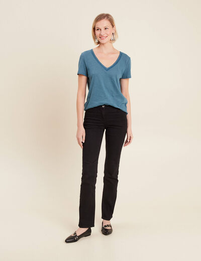 T-shirt manches courtes col en V bleu pétrole femme