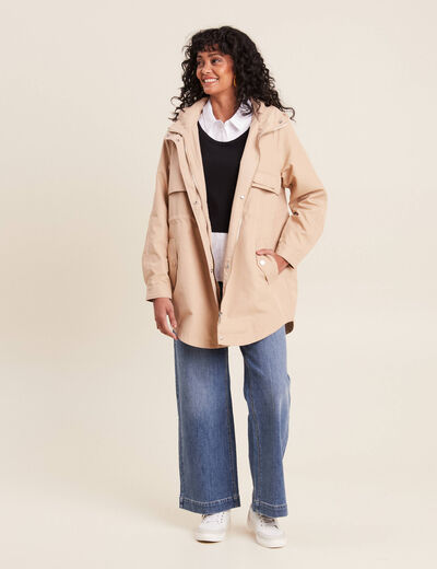 Parka déperlante cintrée à capuche beige femme