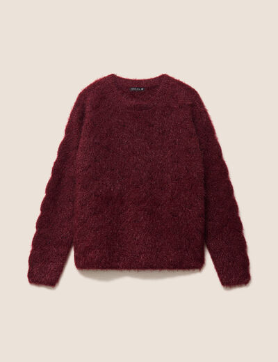 Pull ajour&eacute; col rond bordeaux femme