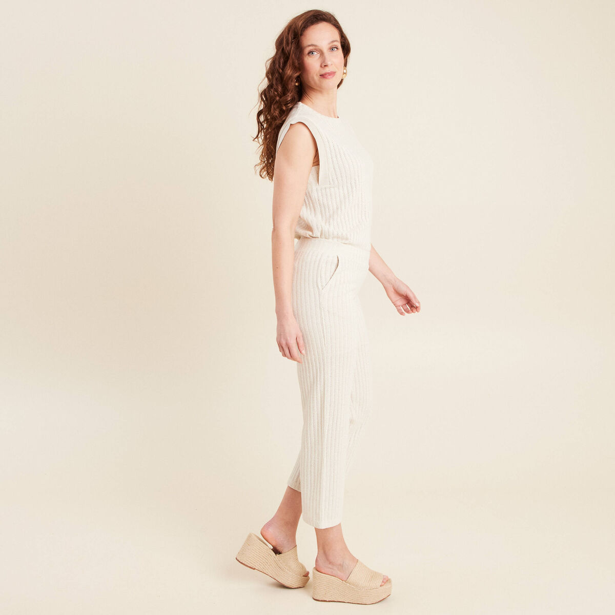 Pantalon maille large ecru femme